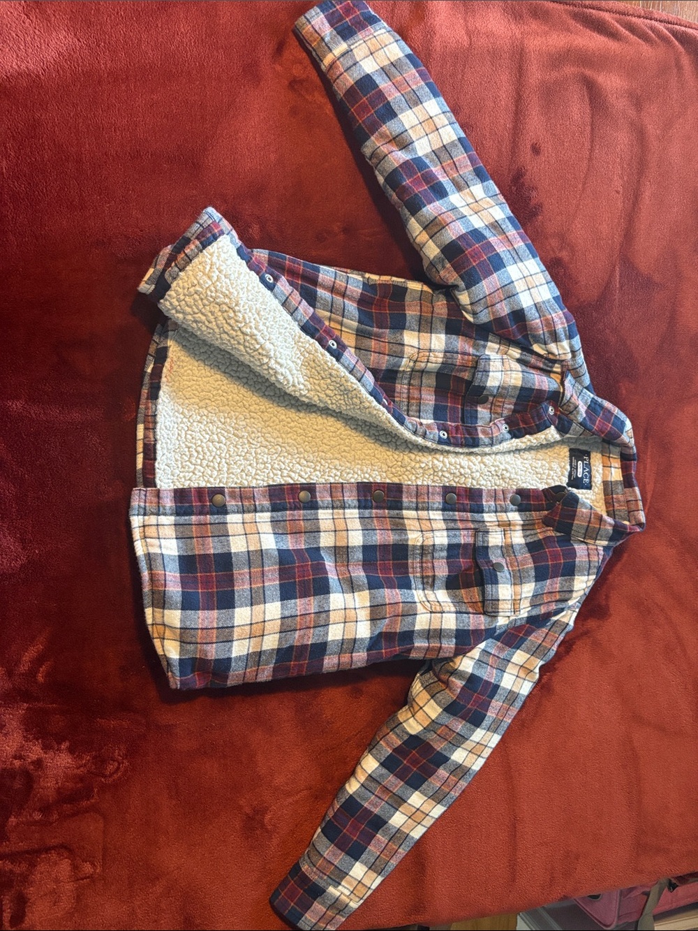 Plaid Sherpa-Lined Flannel Jacket in Red, Blue & Cream